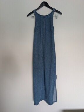 Vintage 90s RAMA USA 100% Cotton Denim Maxi Dress Cross Back Size Small